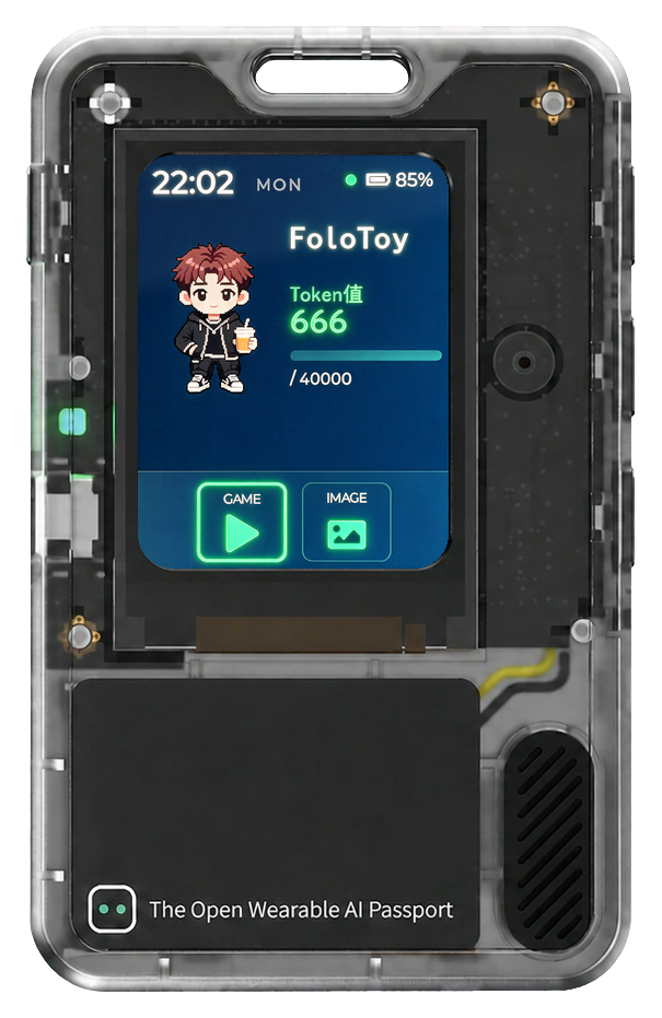 FoloToy AI Passport 透明外壳设备，屏幕上叠加课程表示意界面